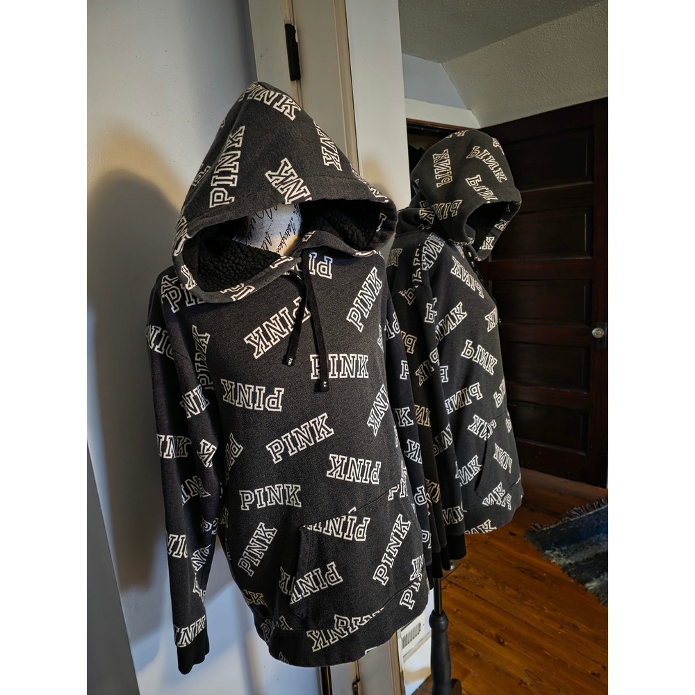 Victoria's Secret PINK Vintage‎ Y2K All Over Logo Sherpa Lined Hoodie Gray Small